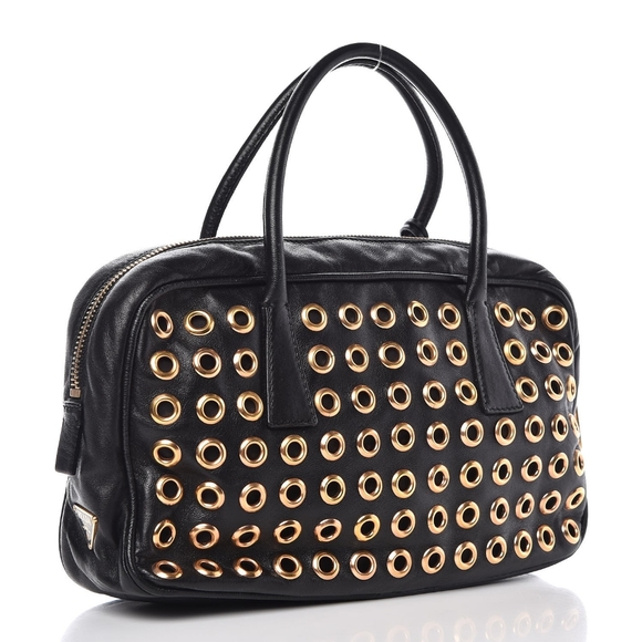 Prada Gold Grommet Black Leather Hand Bag w/ Lock and Keys - Picture 1 of 11
